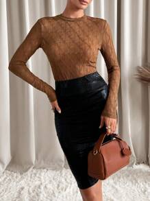 SHEIN Clasi Top de Tricô Elegante e Elegante de Pescoço Alto Marrom com Textura Xadrez, Colarinho Franzido e Ajuste de Renda