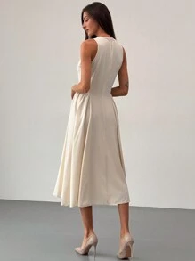 Aloruh Women's Sleeveless Cutout Front A-Line Side Ruched Midi Dress, Elegant, Ins Style - Apricot - View 2