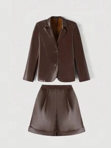 SHEIN MOD 棕色复古风格女士休闲皮革外套和裤子套装，秋冬老款街头潮流女士商务女装棕色皮夹克冬季女士套装 - 棕色 - 查看 1