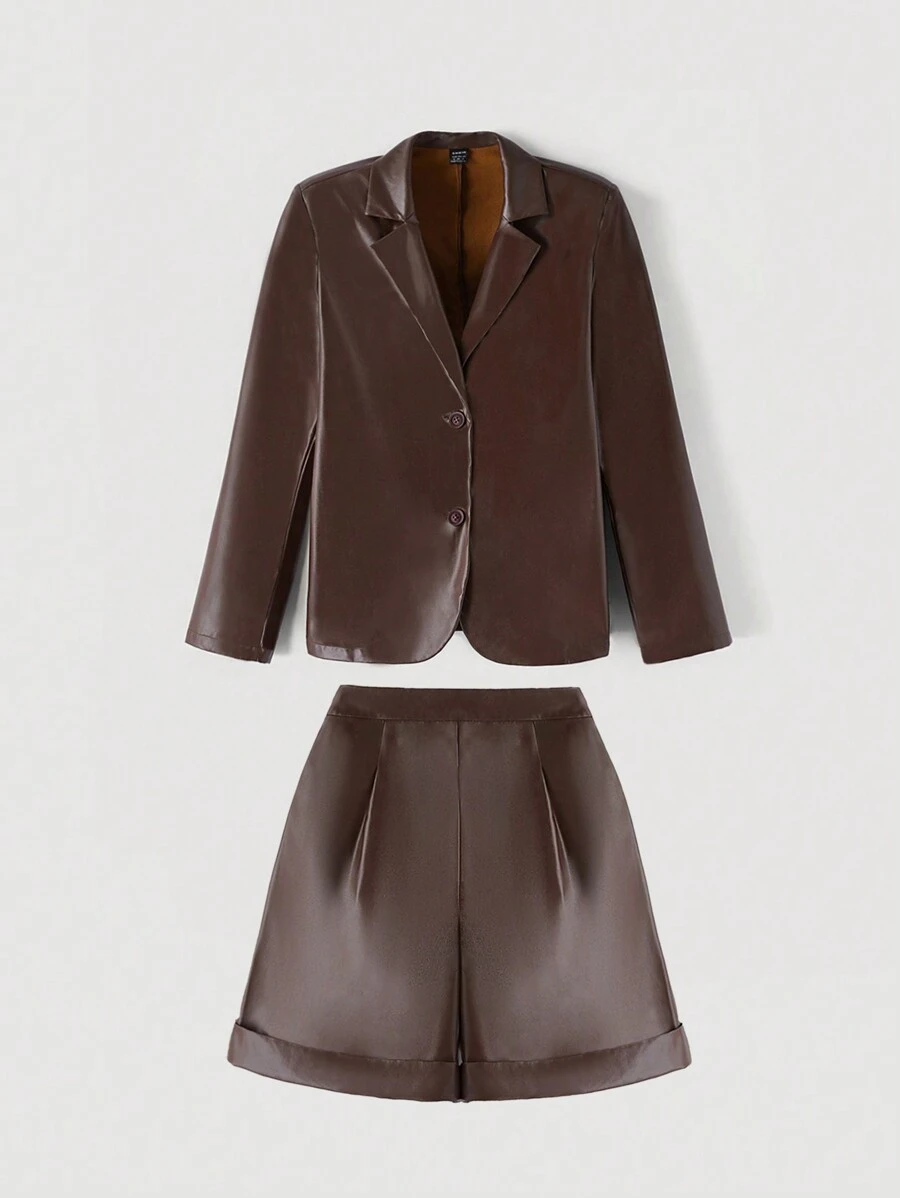 SHEIN MOD 棕色复古风格女士休闲皮革外套和裤子套装，秋冬老款街头潮流女士商务女装棕色皮夹克冬季女士套装 - 棕色 - 查看 1
