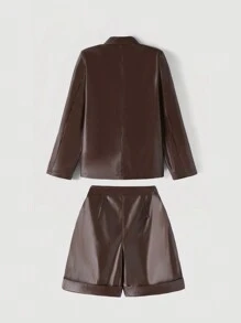 SHEIN MOD 棕色复古风格女士休闲皮革外套和裤子套装，秋冬老款街头潮流女士商务女装棕色皮夹克冬季女士套装 - 棕色 - 查看 2