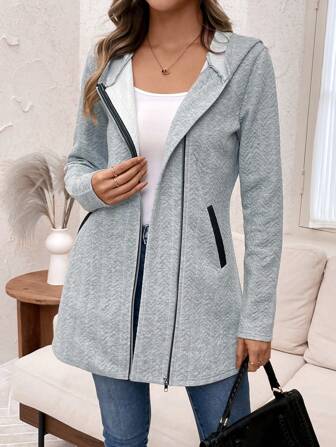 EMERY ROSE Casaco longo com capuz e zíper casual feminino, primavera e outono