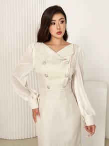 Modelyn 女士纯色拼接前扣长袖休闲连衣裙长款女士装长款晚礼服 - 杏色 - 查看 6