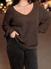 Calvaya 大码休闲纯色 V 领宽松毛衣，秋冬