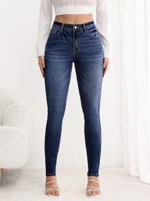 SHEIN LUNE Jeans de mezclilla minimalistas con bolsillo y botones frontales para mujer, uso casual diario
