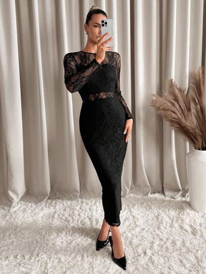 SHEIN Clasi Vestido elegante de manga larga, escote redondo, de tul con aplicaciones de encaje