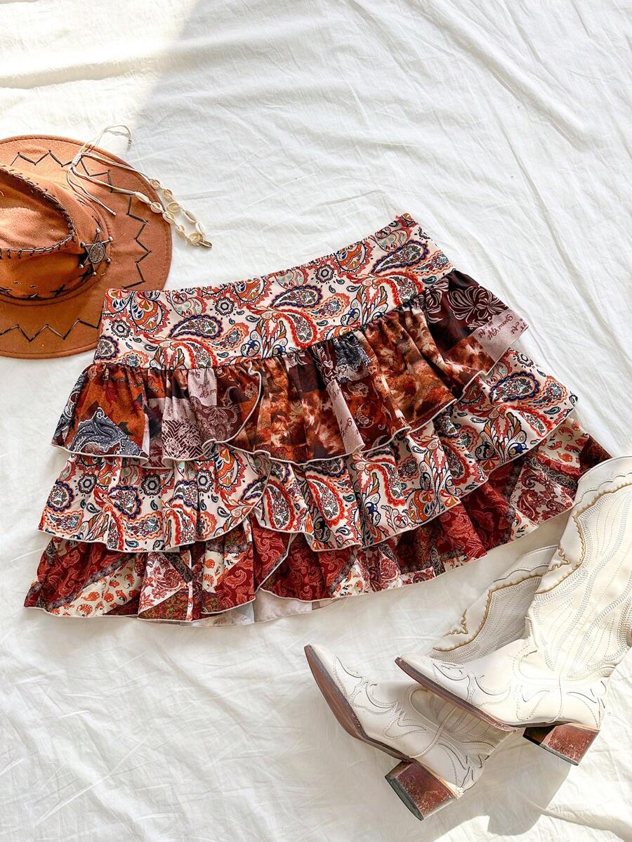 Soleia Váy xếp tầng kiểu nông thôn dành cho nữ cỡ lớn, thích hợp cho kỳ nghỉ hè và đi học, với họa tiết paisley và hoa, viền bèo nhún. - Nhiều màu - Xem 1