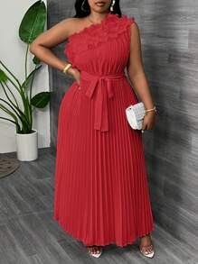 Slaydiva Plus Size Elegant Luxurious Asymmetric Ruffle Waist Gathered Dress, Apricot Color, Summer - Red - View 6