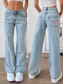 EURMUSE LOW RISE STRAIGHT CUT LONG HEM BOW PRINTED COQUETTE JEAN - Light Wash - View 1