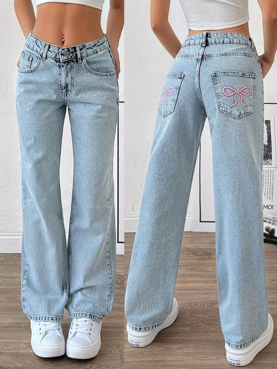 EURMUSE LOW RISE STRAIGHT CUT LONG HEM BOW PRINTED COQUETTE JEAN - Light Wash - View 1