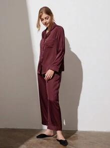 LUVLETTE Weihnachts- und Neujahrspyjamas Herbst und Winter Rot & Burgund Grundlegende Satin Einfarbig Knopf-Oben Pyjama & Loungewear Sets für Frauen Pyjama Sets für Frauen Herbst Pyjamas Kleidung
