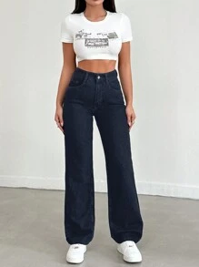 EURMUSE High Waist Straight-Leg Jeans ,Petite Women - Black - View 4