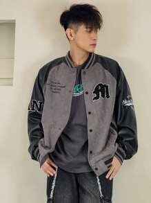 DAZY 男士秋季拼布字母夹克 - 灰色 - 查看 8