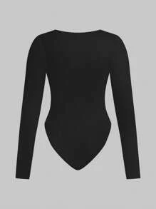 SHEIN EZwear Plus Size Women Long Sleeve Bodysuit,Black Casual Fitted Round Neck Long Sleeve 2pcs Bodysuit