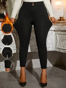 SHEIN LUNE Plus Size Women Solid Color Waist Button Design Skinny Casual Fleece Pants