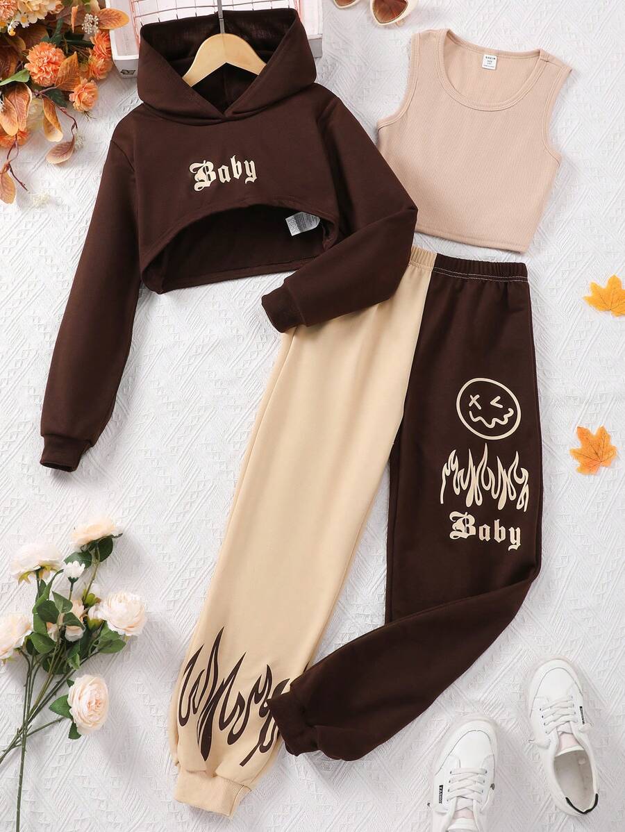 SHEIN 3pcs/Set Girls' Letter Print Long Sleeve Top & Sleeveless Vest Sports Casual Set For Autumn/Winter - Khaki - View 1