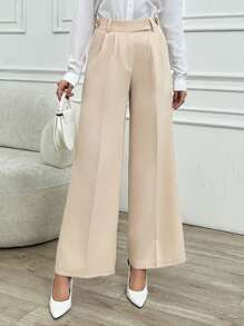 RueChic Women Solid Color Mid Waist Wide Leg Pants - Beige - View 5