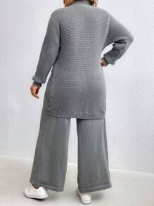 SHEIN LUNE Plus Size Casual Solid Color Stand Collar Cross Wrap Front Sweater And Drawstring Waist Wide Leg Sweater Pants Set Fall Cloth For Women - Grey - View 2
