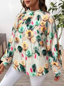 SHEIN Franclia 加大码 1 件花卉图案灯笼袖高领上衣 - 彩色 - 查看 6