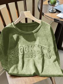 SHEIN EZwear Plus Size Vintage Distressed 3D Letter Graphic Loose T-Shirt - Green - View 6