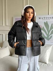 SHEIN EZwear Chaqueta acolchada con capucha de manga larga, informal y holgada, de unicolor, para invierno