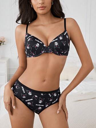 HELLO KITTY AND FRIENDS | SHEIN 女士  印花胸罩和内裤套装