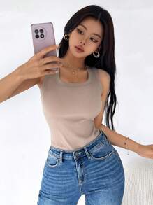 SHEIN LUNE 女式純色加厚圓領休閒背心，適用於秋冬季節 - 卡其色 - 查看 3