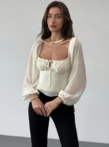 Aloruh Square Neck Gathered Waist Flared Textured Puff Sleeve Blouse