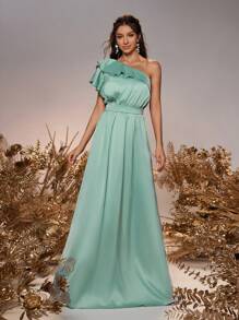 SHEIN Belle Elegante tecido de cetim verde pescoço assimétrico patchwork mangas babados cinto cintura decorada bainha em linha A casamento evento formal senhoras vestido de dama de honra - Verde escuro - Ver 2