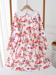 SHEIN Girls' Minimalist Full Print Ribbon & Teddy Bear Graphic Maxi Nightgown With Peter Pan Collar, Comfortable Loungewear - Multicolor - View 7