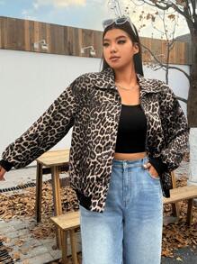 CovetEZ Plus Size Vintage Leopard Print Lapel Zip-Up Jacket, Suitable For Casual Outdoor Use - Brown - View 4