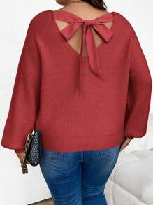 SHEIN Frenchy 大码简约系带套头衫，适合冬季休闲外出 - 紅色 - 查看 5