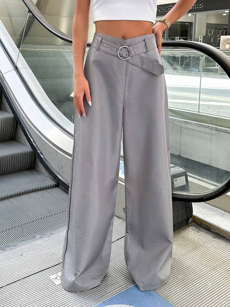 EURMUSE Pantalon large à taille haute couleur argentée unicolore pour femmes avec détail de ceinture - Gris - Voir 1