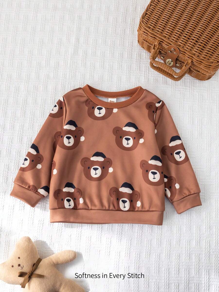Cozy Pixies Baby Boy Cartoon Christmas Bear Print Crew Neck Long Sleeve Raglan Sweatshirt - Brown - View 1