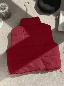 Comfortcana Winter Zip Up Double Face Snap Button Corduroy Drawstring Vest Coat - Red - View 2