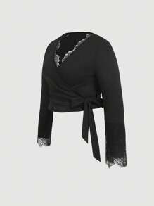 SHEIN MOD 大码女式性感 V 领蕾丝拼布绑带裹身长袖喇叭袖衬衫，秋冬 - 黑色 - 查看 5