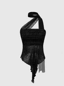 ROMWE Goth Y2K 风格性感露脐蜘蛛网可拆卸短款女式上衣 - 黑色 - 查看 1