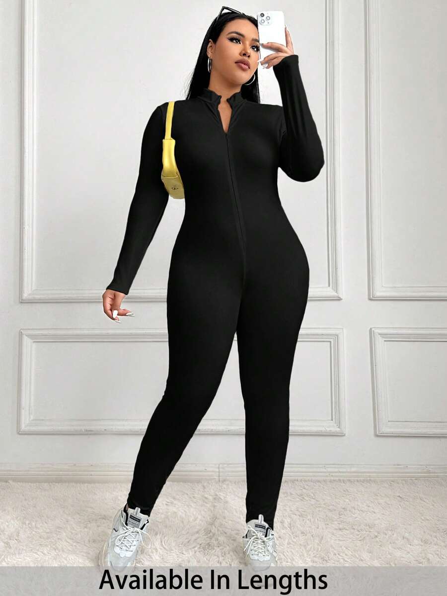 SHEIN PETITE CURVE Plus Size Women's Solid Color Zipper Half Placket Casual Long Sleeve Jumpsuit, Autumn