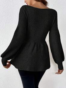 女式简约长袖束腰套头衫 - 黑色 - 查看 2