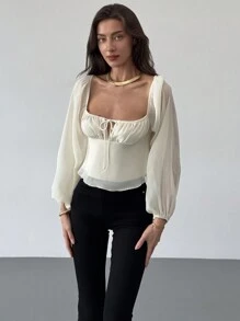 Aloruh Square Neck Gathered Waist Flared Textured Puff Sleeve Blouse