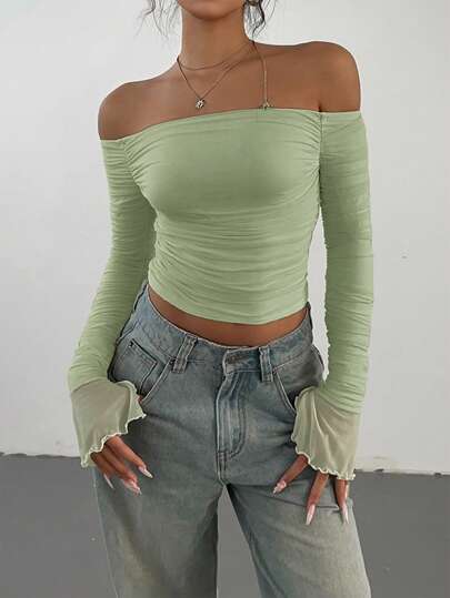 Aloruh 纯色褶皱露肩不对称下摆优雅长袖 T 恤