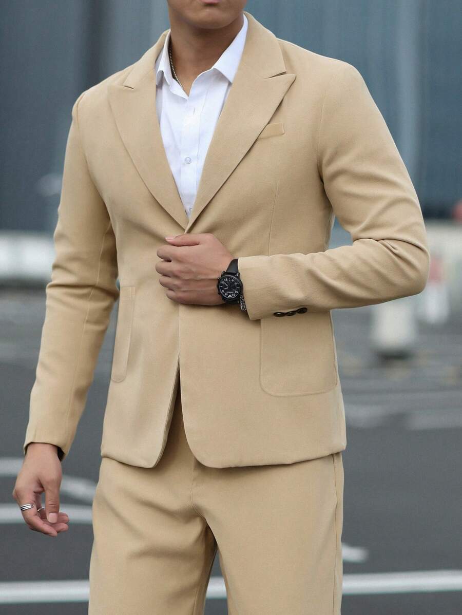 Manfinity Mode Men Solid Color Patch Pocket Design Suit Jacket And Pants Two Pieces Suit, Pink Suit Men Suit Set, Men Pink Suit, Men Suit, Men Wedding Suit - Khaki - View 1