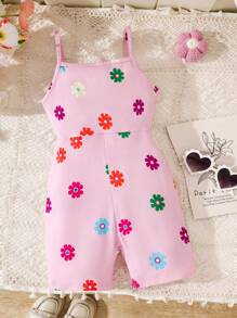 SHEIN Leap Crew Young Girl Floral Knit Camisole Jumpsuit - Pink - View 2
