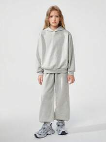 SHEIN 2 Peças Conjunto de Moletom com Capuz e Calça de Cor Sólida Casual para Meninas Pré-Adolescentes - Cinza - Visão 5