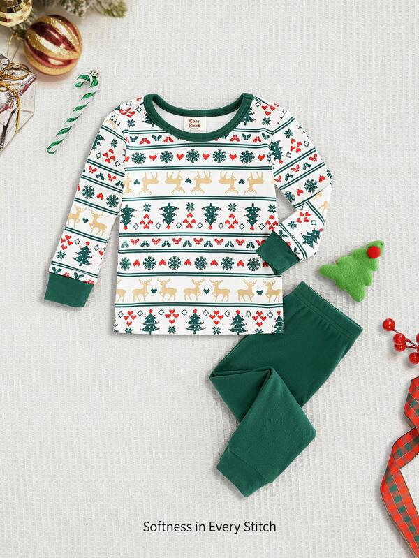 Cozy Pixies Conjunto de pijamas 2 peças/conjunto para bebês meninos, estampa de natal, bloco de cores, gola redonda, manga comprida, blusa e calças justas