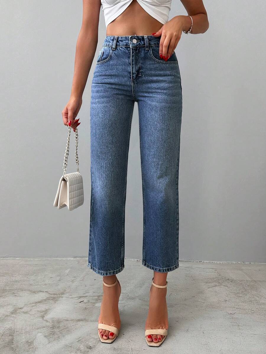 EURMUSE High Waist Straight Leg Jeans - Medium Wash - View 1