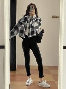 DAZY Plaid Fleece Loose Casual Short Jacket For Women, Autumn/Winter