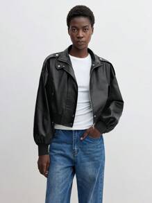 BizChic 黑色PU皮机车夹克，女士休闲长袖，适合派对、办公穿着，春夏圣诞节皆宜。 - 黑色 - 查看 2