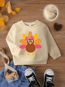 Baby Girl Funny Turkey Print Casual Thermal Lined Crew Neck Long Sleeve Sweatshirt, Suitable For Thanksgiving, Autumn/Winter - Apricot - View 3