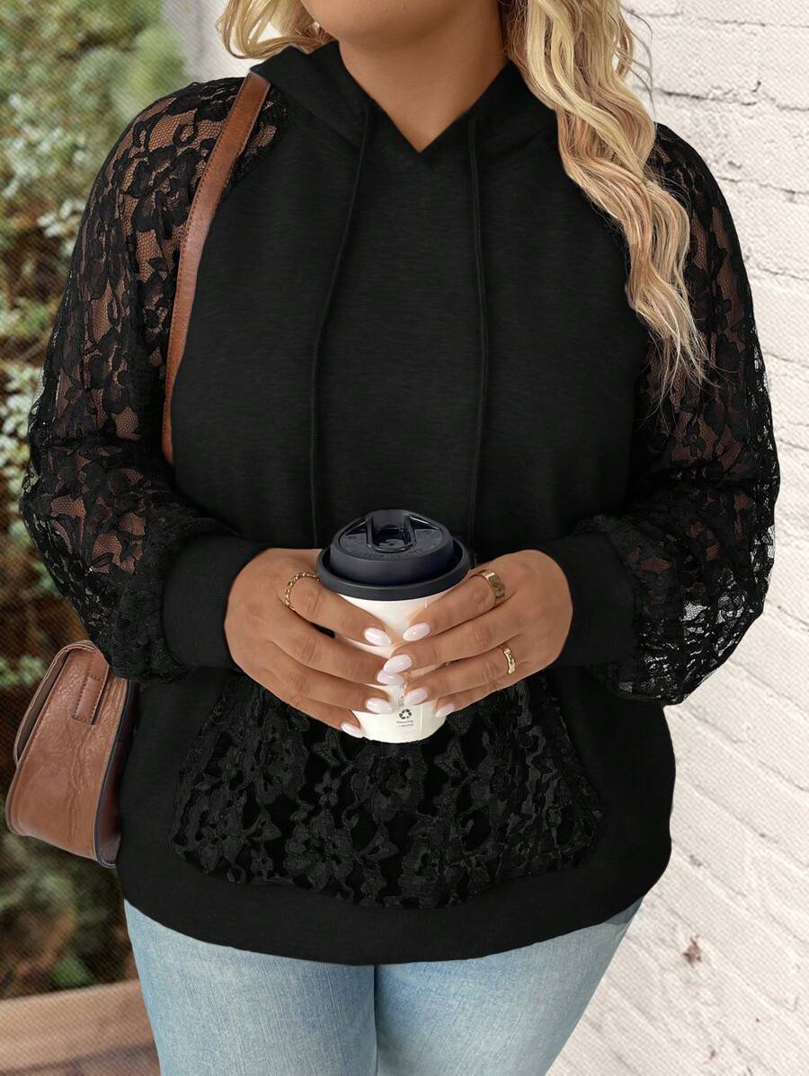 SHEIN LUNE 大码蕾丝拼接卫衣，带透视袖子 - 黑色 - 查看 1